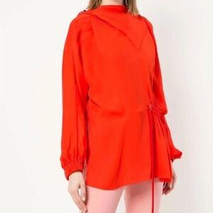 Tibi Viscose Georgette Drawstring Detailed Hoodie Blouse In Red. Size M